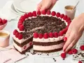 Eine köstliche Schoko Himbeer Torte, verziert mit frischen Himbeeren und Schokostreuseln, wird von Händen arrangiert.