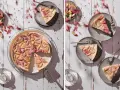 Ein köstlicher Rhabarberkuchen mit Pudding, kunstvoll arrangiert mit frischen Rhabarberstücken und Puderzucker bestäubt.