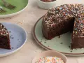 Ein saftiger Nutella Kuchen mit Schokoladenglasur und bunten Streuseln, ein Stück auf einem Teller, bereit zum Genießen.