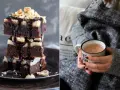 Gestapelte Cheesecake Brownies mit Schokoladenglasur und Nüssen, daneben eine Tasse Kakao.