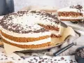 Eine köstliche Cappuccino Torte mit Schokoladenraspeln bestreut, auf einem Teller mit einem angeschnittenen Stück.