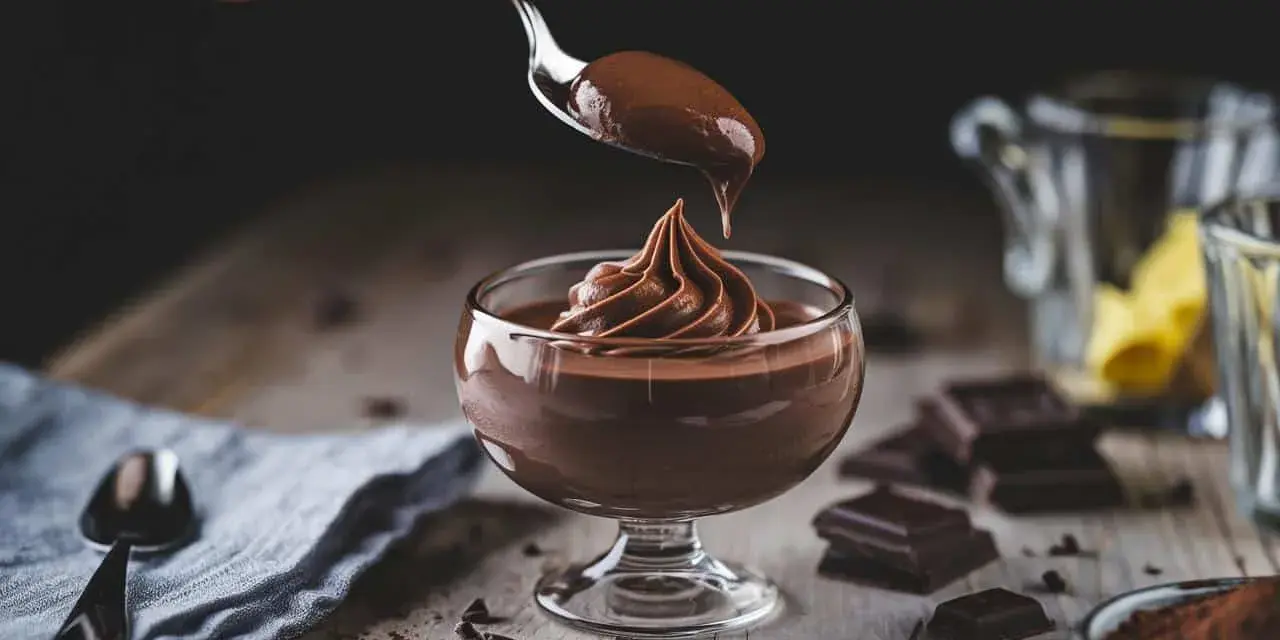 Ein Löffel mit cremigem Mousse au Chocolat tropft auf eine kunstvoll aufgespritze Portion in einem Glas.