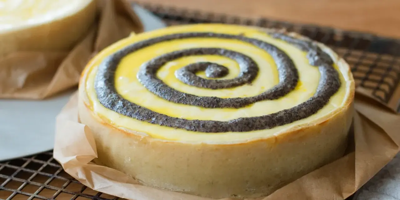 Ein köstlicher no bake cheesecake mit Mohn-Spiralen auf einem Gitter.