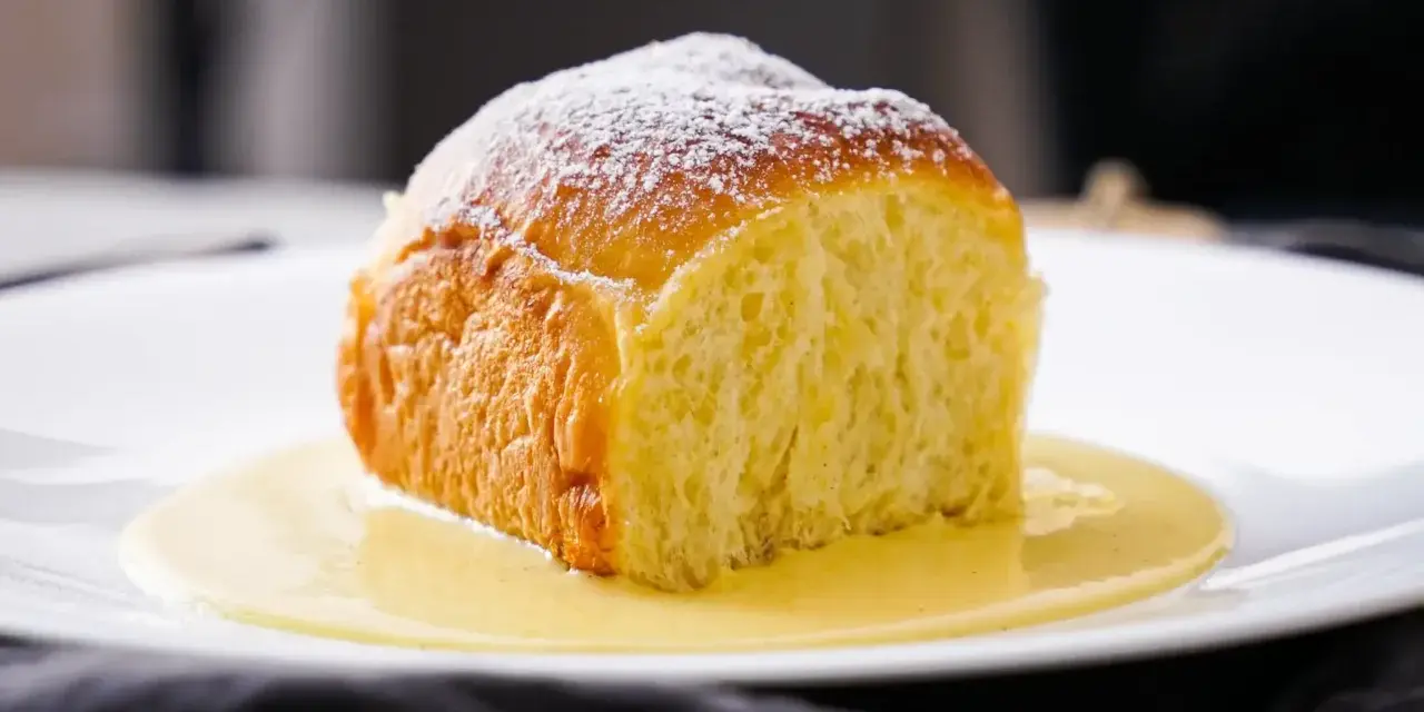 Ein goldbraunes Buchtel, mit Puderzucker bestäubt, ruht in einer cremigen Vanillesauce. Ein köstliches Buchtel Rezept zum Nachbacken.