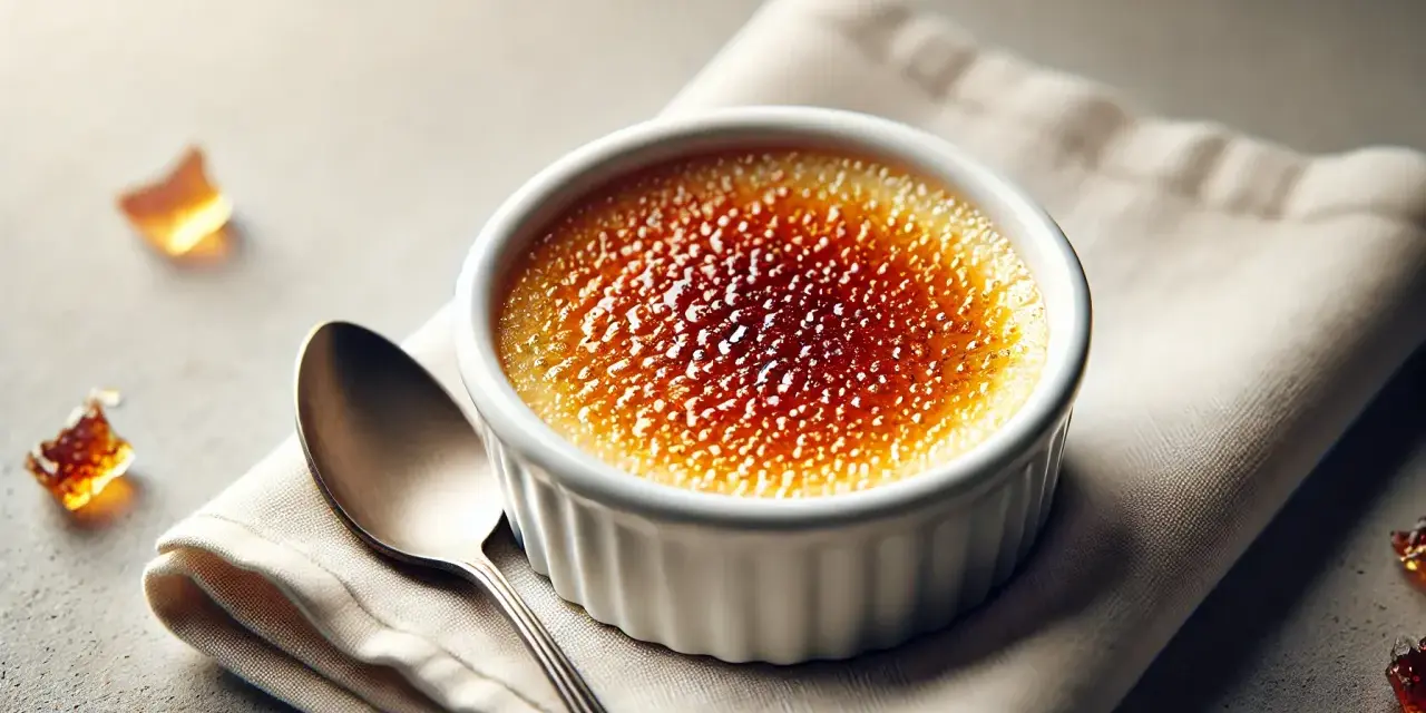 Ein perfekt karamellisiertes Creme Brulee in weißer Keramikschale, daneben eine Löffel und zerbrochene Karamellstücke.