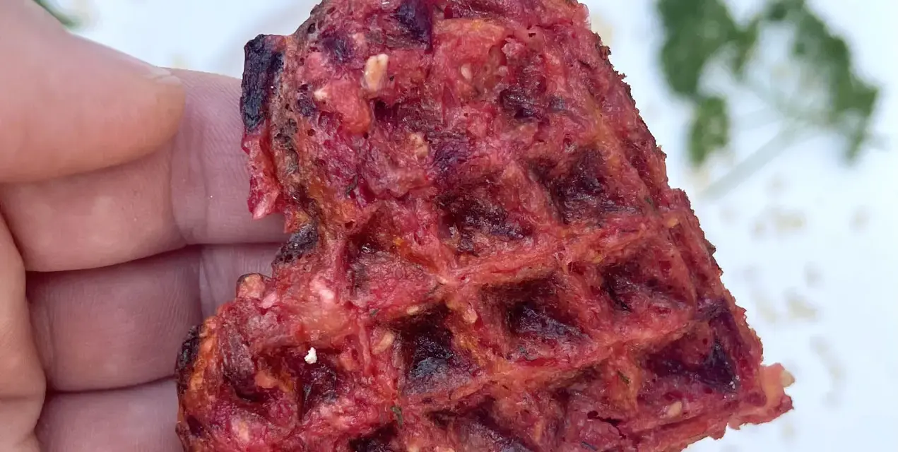 Herzhafte Waffeln aus Roter Bete, gehalten von einer Hand. Ein gesunder Snack mit leckerer Textur.