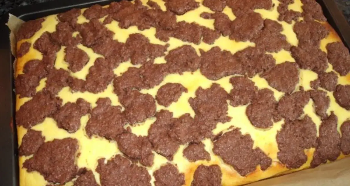Ein frisch gebackener russischer Zupfkuchen im Blech, mit einem gelben Teig und dunklen Schokoladenstückchen darauf.