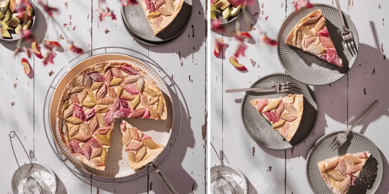 Ein köstlicher Rhabarberkuchen mit Pudding, kunstvoll arrangiert mit frischen Rhabarberstücken und Puderzucker bestäubt.
