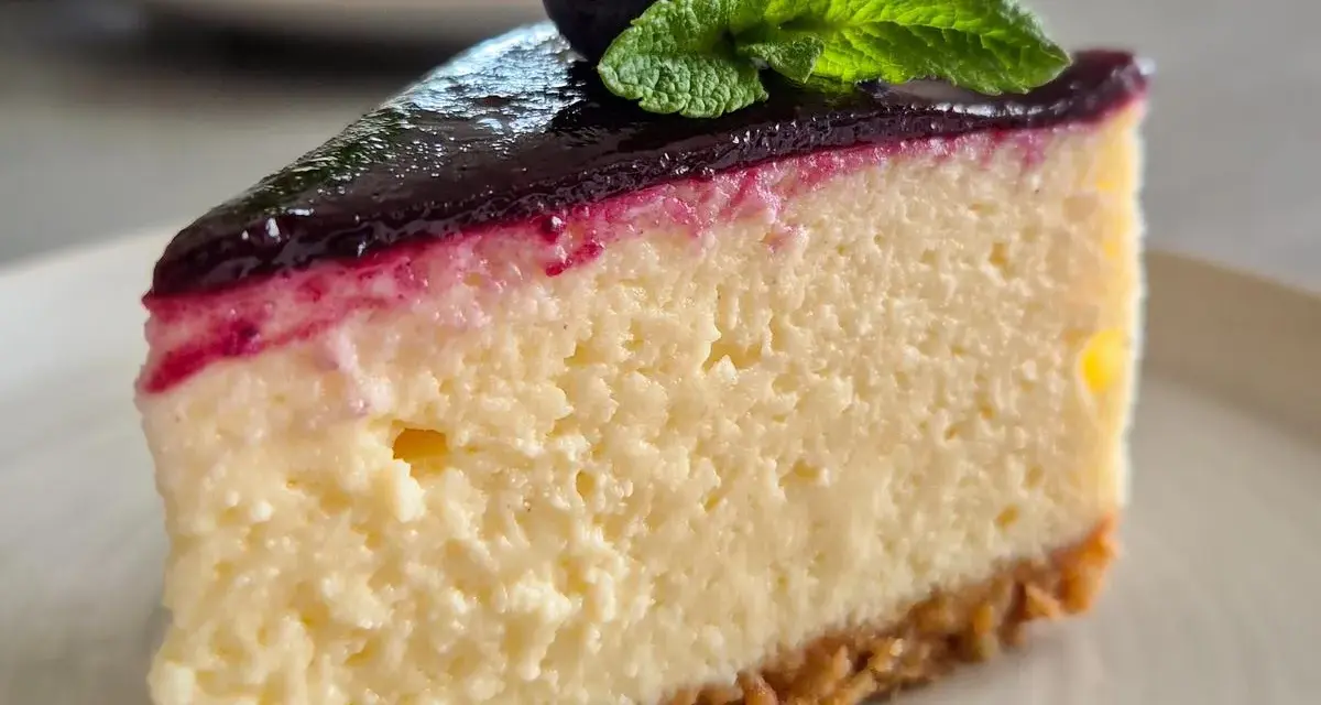 Ein Stück cremiger Blueberry Cheesecake mit Blaubeersauce, frischen Blaubeeren und Minze.