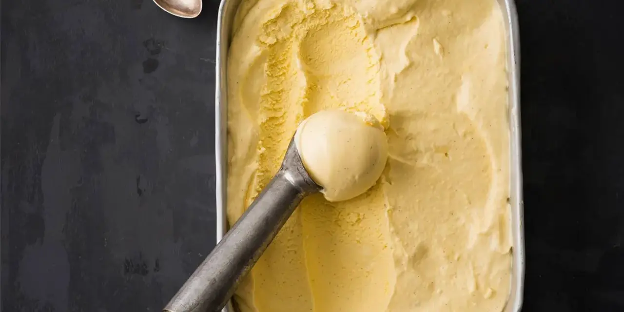 Cremiges Vanilleeis, frisch aus der Eismaschine, bereit zum Genießen. So einfach lässt sich Vanilleeis selber machen!