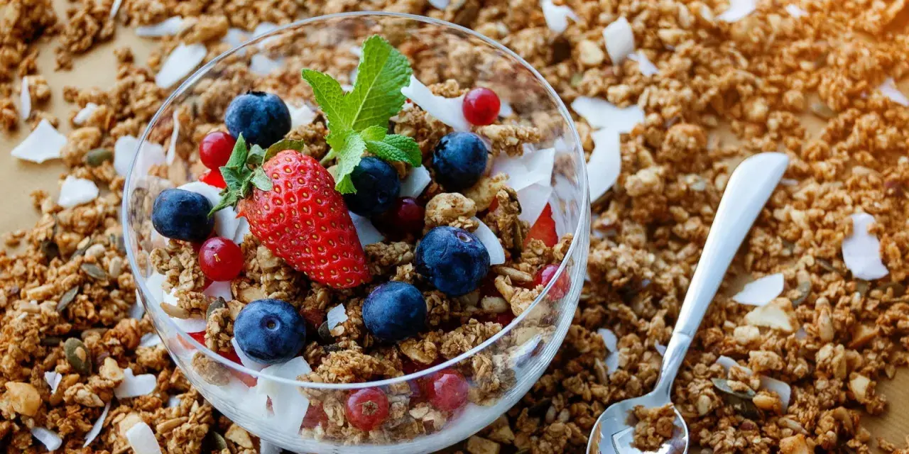Schüssel mit frischem Granola, Beeren und Kokosflocken. Perfekt für ein gesundes Frühstück, wenn du Granola selber machen möchtest.