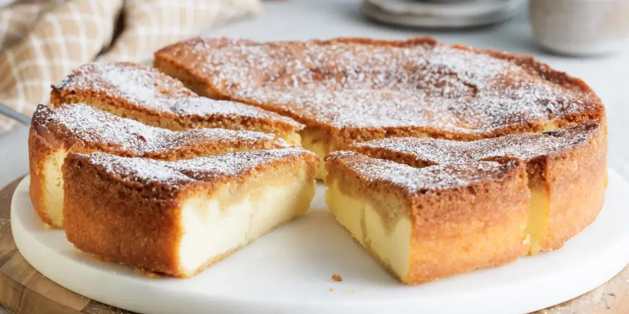 Ein köstlicher Käsekuchen, bestäubt mit Puderzucker. Perfekt zum Genießen, dreh dich um, Kuchen!