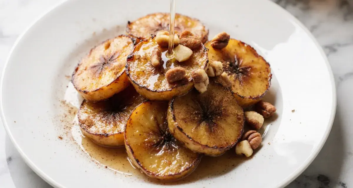 Gebackene Banane mit Nüssen und Sirup beträufelt, ein süßer Genuss auf einem weißen Teller.