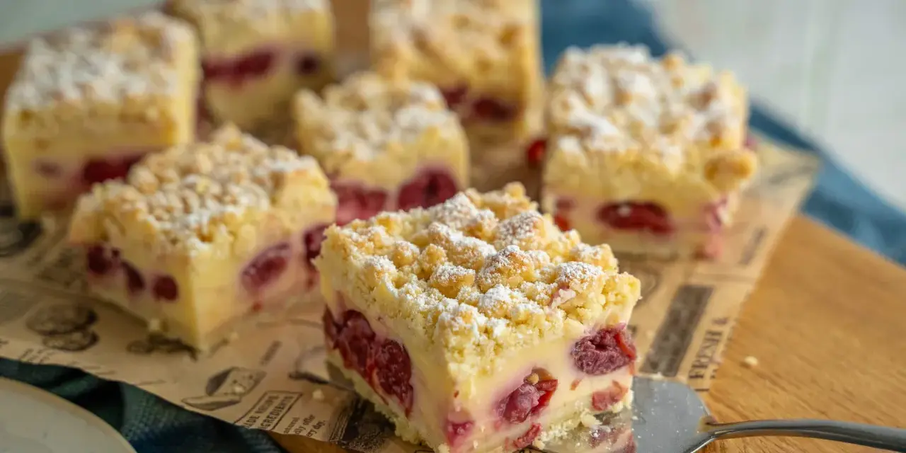 Saftiger Kirschkuchen mit Pudding und Streuseln, bestäubt mit Puderzucker. Ein Stück wird gerade serviert.
