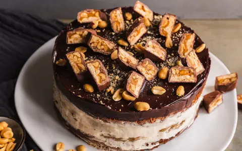 Eine köstliche Snickers Torte mit Schokoladenglasur, Erdnüssen und vielen Snickers-Stücken obendrauf.