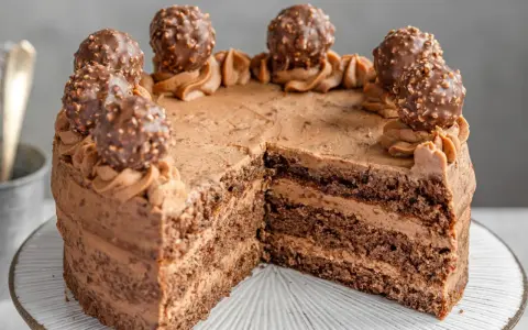 Schokoladige nougat torte mit Ferrero Rocher Kugeln und zarter Schokoladencreme. Ein Stück fehlt bereits.