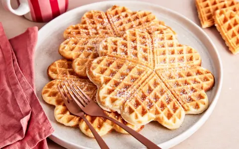 Herzförmige Waffeln, bestäubt mit Puderzucker. Ein köstlicher waffelteig ohne butter, serviert auf einem Teller mit zwei Gabeln.