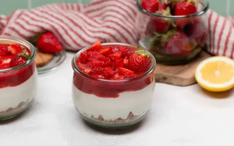 Zwei Gläser mit cremigem Erdbeer-Cheesecake, garniert mit frischen Erdbeeren und Erdbeersauce. Daneben ein Glas voller Erdbeeren und eine Zitronenhälfte.