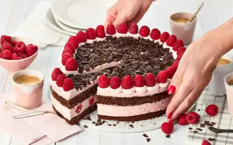 Eine köstliche Schoko Himbeer Torte, verziert mit frischen Himbeeren und Schokostreuseln, wird von Händen arrangiert.