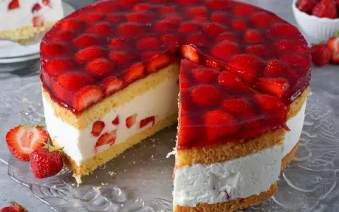 Eine saftige Erdbeer Sahne Torte mit frischen Erdbeeren und Tortenguss, ein Stück ist bereits angeschnitten.