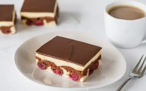 Ein Stück Donauwelle-Kuchen mit Kirschen, Vanillecreme und Schokoladenglasur. Ein leckeres Rezept für den Kaffeetisch.