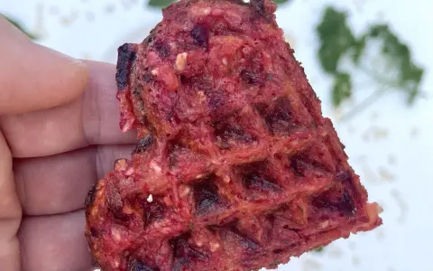 Herzhafte Waffeln aus Roter Bete, gehalten von einer Hand. Ein gesunder Snack mit leckerer Textur.