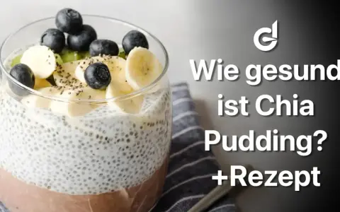 Ein Glas Chia Pudding mit Bananen-, Blaubeer- und Kiwistücken. Die Frage "Wie gesund ist Chia Pudding? +Rezept" steht daneben.
