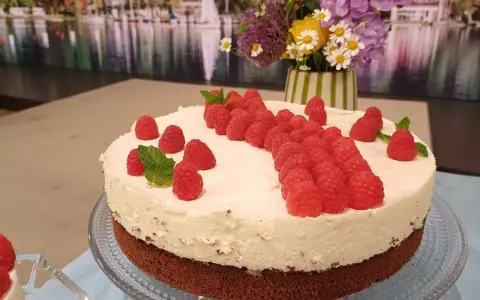 Himbeer-Mascarpone-Torte mit frischen Himbeeren und Minze, ein Genuss für Augen und Gaumen.