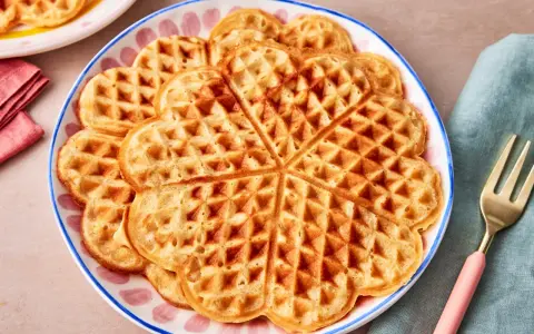 Herzförmige Dinkel Waffeln auf einem Teller, bereit zum Genießen.
