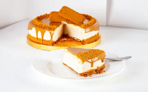 Ein cremiger Lotus Cheesecake mit Karamellglasuren und Keksbröseln. Ein Stück auf einem Teller, daneben ein ganzer Kuchen.