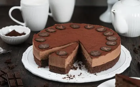 Eine köstliche Schoko Torte, bestäubt mit Kakao und verziert mit Schokoladensternen und -hirschen. Ein Stück ist bereits angeschnitten.