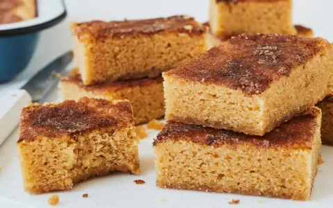 Saftige Blondies mit Zimt-Zucker-Decke, perfekt für dein Blondies Rezept. Ein Stück wurde bereits probiert!