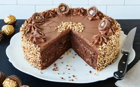 Schokoladentorte mit gehackten Nüssen und Ferrero Rocher Kugeln, eine köstliche Rocher Torte.