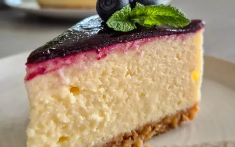 Ein Stück cremiger Blueberry Cheesecake mit Blaubeersauce, frischen Blaubeeren und Minze.