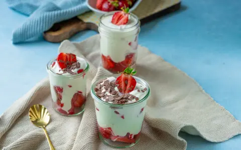 Leckere Quarkspeise mit frischen Erdbeeren und Schokostreuseln in Gläsern, ein einfaches Rezept für den Sommer.