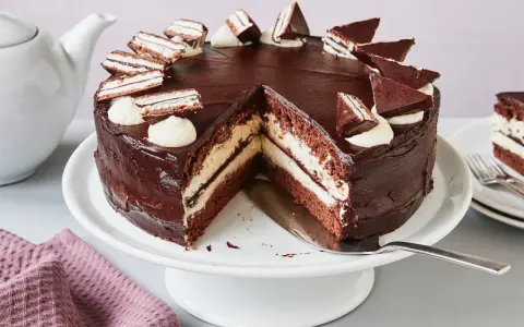 Eine köstliche Kinder Pingui Torte mit Schokoladenglasur, Sahnetupfern und kleinen Schoko-Biskuit-Stücken. Ein Stück ist bereits angeschnitten.