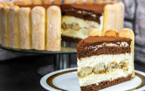 Ein Stück Tiramisu Torte mit Löffelbiskuits und Kakao bestäubt. Im Hintergrund die ganze Torte, ebenfalls mit Löffelbiskuits umrandet.
