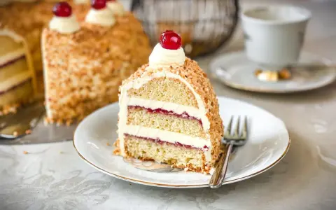 Ein Stück Frankfurter Kranz mit Buttercreme und Kirschen, umhüllt von gehackten Nüssen. Ein Genuss für jeden Kaffeetisch.