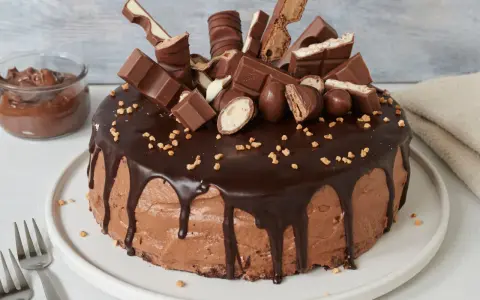 Eine üppige Nutella Torte, dekoriert mit vielen Schokoriegeln und Pralinen, daneben ein Glas Nutella.