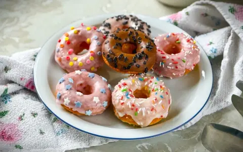 Sechs bunte Donuts auf einem Teller, perfekt für ein schnelles Donuts Rezept. Mit Streuseln und Sternen verziert.