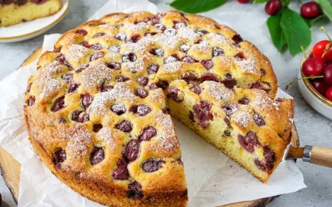 Saftiger Kirschkuchen, perfekt für ein Kirschkuchen Rezept. Mit Puderzucker bestäubt und voller Kirschen.