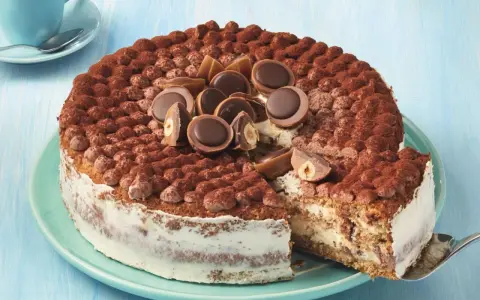Eine köstliche Toffifee Torte, verziert mit Kakao und Toffifee-Pralinen, wird angeschnitten.