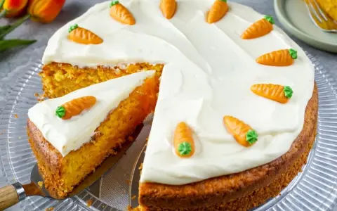 Saftiger Karottenkuchen mit cremigem Frosting und süßen Marzipan-Karotten. Ein Stück ist bereits angeschnitten.