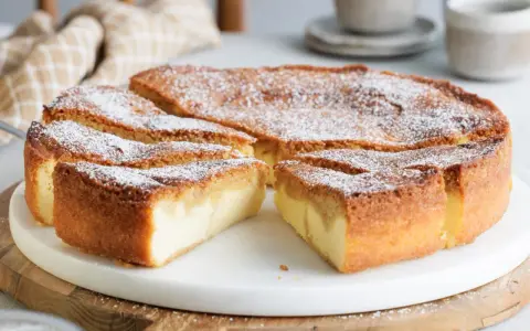 Ein köstlicher Käsekuchen, bestäubt mit Puderzucker. Perfekt zum Genießen, dreh dich um, Kuchen!