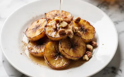 Gebackene Banane mit Nüssen und Sirup beträufelt, ein süßer Genuss auf einem weißen Teller.