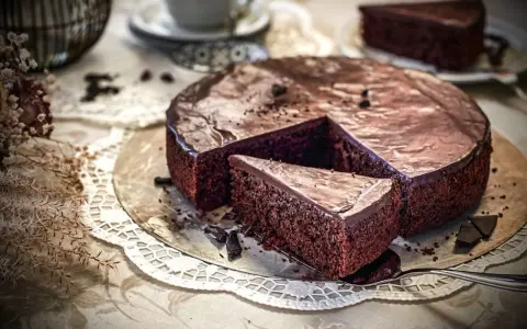 Ein saftiger, schneller Schokokuchen mit glänzender Glasur und einer Kuchenscheibe auf einem Tortenheber.