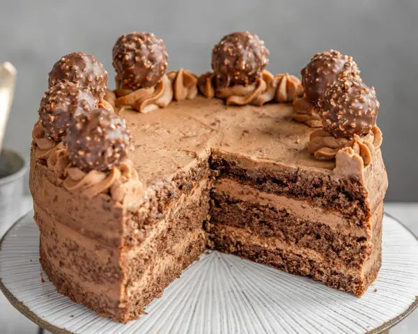 Schokoladige nougat torte mit Ferrero Rocher Kugeln und zarter Schokoladencreme. Ein Stück fehlt bereits.