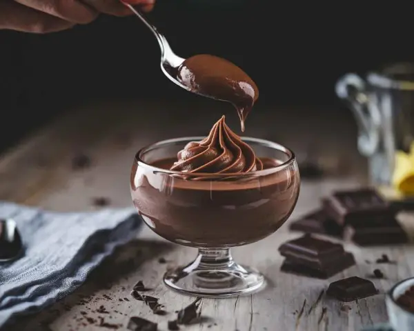 Ein Löffel mit cremigem Mousse au Chocolat tropft auf eine kunstvoll aufgespritze Portion in einem Glas.