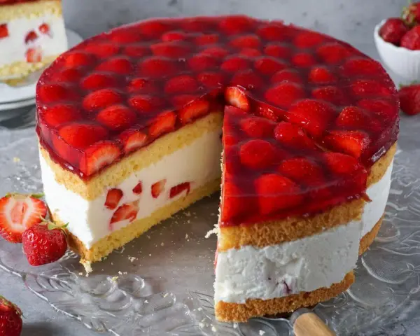 Eine saftige Erdbeer Sahne Torte mit frischen Erdbeeren und Tortenguss, ein Stück ist bereits angeschnitten.