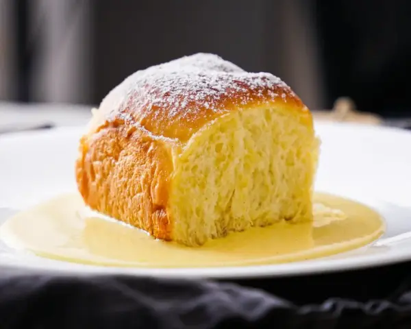 Ein goldbraunes Buchtel, mit Puderzucker bestäubt, ruht in einer cremigen Vanillesauce. Ein köstliches Buchtel Rezept zum Nachbacken.